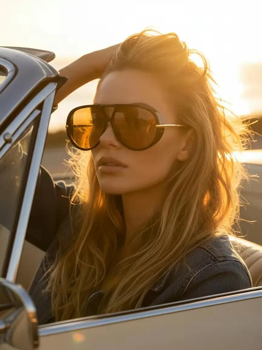 Women's Men's Retro Glamour Gold Metal Aviator Sunglasses - 70s Vintage Oversized Black Frames, UV Protection, 2026