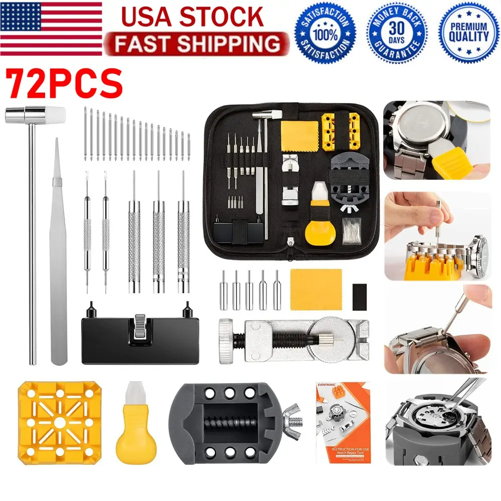 SJPACK 72-Piece Functional Watch Repair Kit - Metal Parts, Back Opener, Case Remover, Link Pin, Spring Bar Tools for Watchmakers, 72 Pieces, Functional Kit