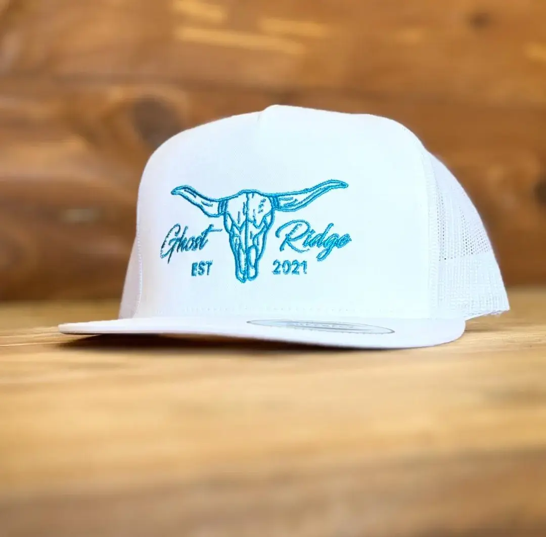 White Yupoong Classic 5 Panel Bull Blue Stitching Longhorn Skull Western Cowboy Hat Flat Bill Mesh Back Adjustable Ranch Rodeo Country Western Hat for Men Women Outdoor Casual Gift