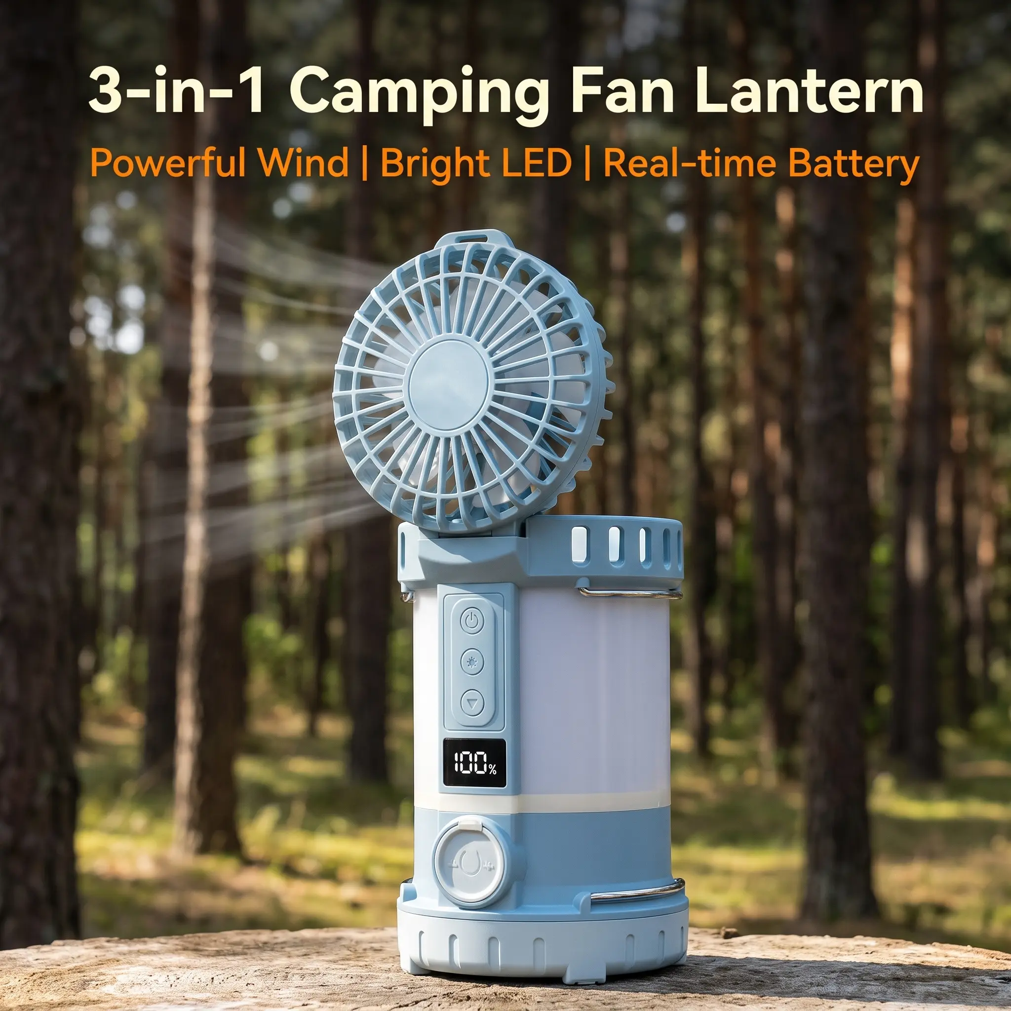 3-in-1 Camping Fan Lantern, Rechargeable Portable Tent Fan with LED Light & Real-Time Battery Display, Battery Powered Outdoor Fan, Hanging Hook Design for Camping Tent, Hiking, Fishing, Hurricane Emergency