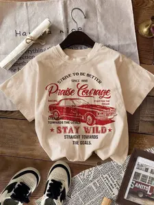 Women's Car & Letter Print Round Neck Tee, Vintage Trendy Casual Streetwear Short Sleeve T-shirt for Daily Wear, Ladies All Seasons Outfit, Womenswear