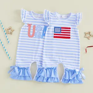 Canrulo Toddler Baby Girl 4th of July Outfit Ruffle Romper Jumpsuit American Flag/USA Sleeveless Striped Bell Bottom Overall