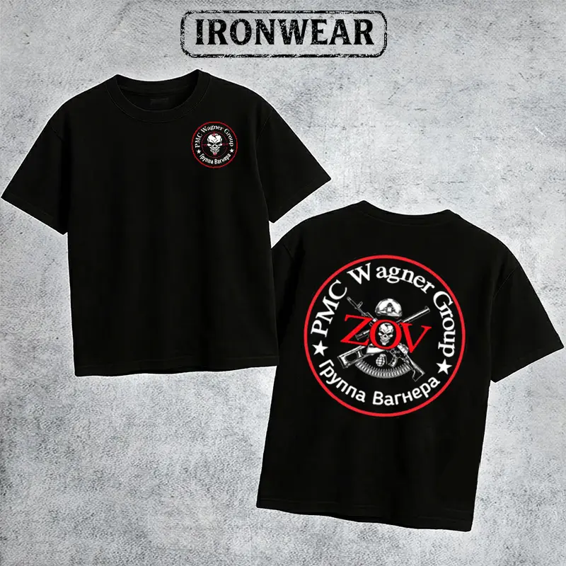 IronWear PMC Wagner Group ZOV Skull T Shirt Men's Retro Tactical Logo Graphic Tee Outdoor Sports Apparel Gift Men