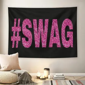 #SWAG Pink Glitter Hashtag Wall Flag, Black Background Tapestry, Mid-century Modern Y2K Living Room Wall Decor for Adult Fans, Sparkly Streetwear Slogan Print Wall Hanging