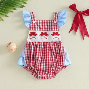 Infant Toddler Girl Plaid Baseball Romper - Ruffle Sleeves, Ruffle Legs, Baseball Embroidery with Bows, Summer Game Day & Photo Shoot Bodysuit