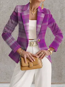 Women's Fall Outdoor Plaid Striped Digital Print Blazer Jacket, Casual Fitted Regular Length, Spring & Fall Fashion Outerwear
