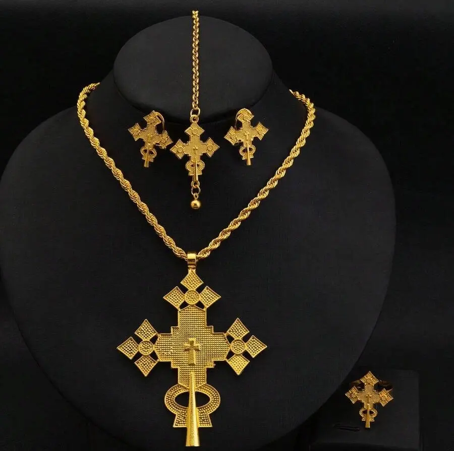 Elegant 24KGP Ethiopian Orthodox Cross 4-Piece Gold Jewelry Set - Necklace, Matching Earrings, Ring, Hair Ornament | Meskel, Eritrean Lalibela Habesha, Gold Jewelry Sets