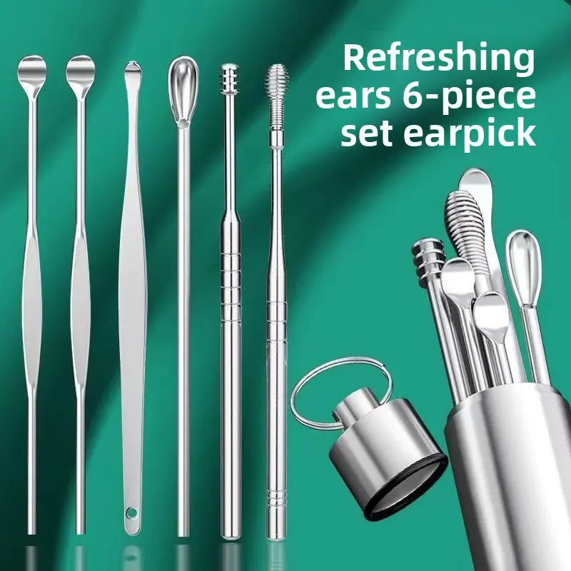 New 6-Piece Ear Cleaning Set Ear Pick Ear Spoon Portable Tool Kit Earwax Removal Adult Ear Spoon Ear Cleaner Ear Canal Cleaner keychains