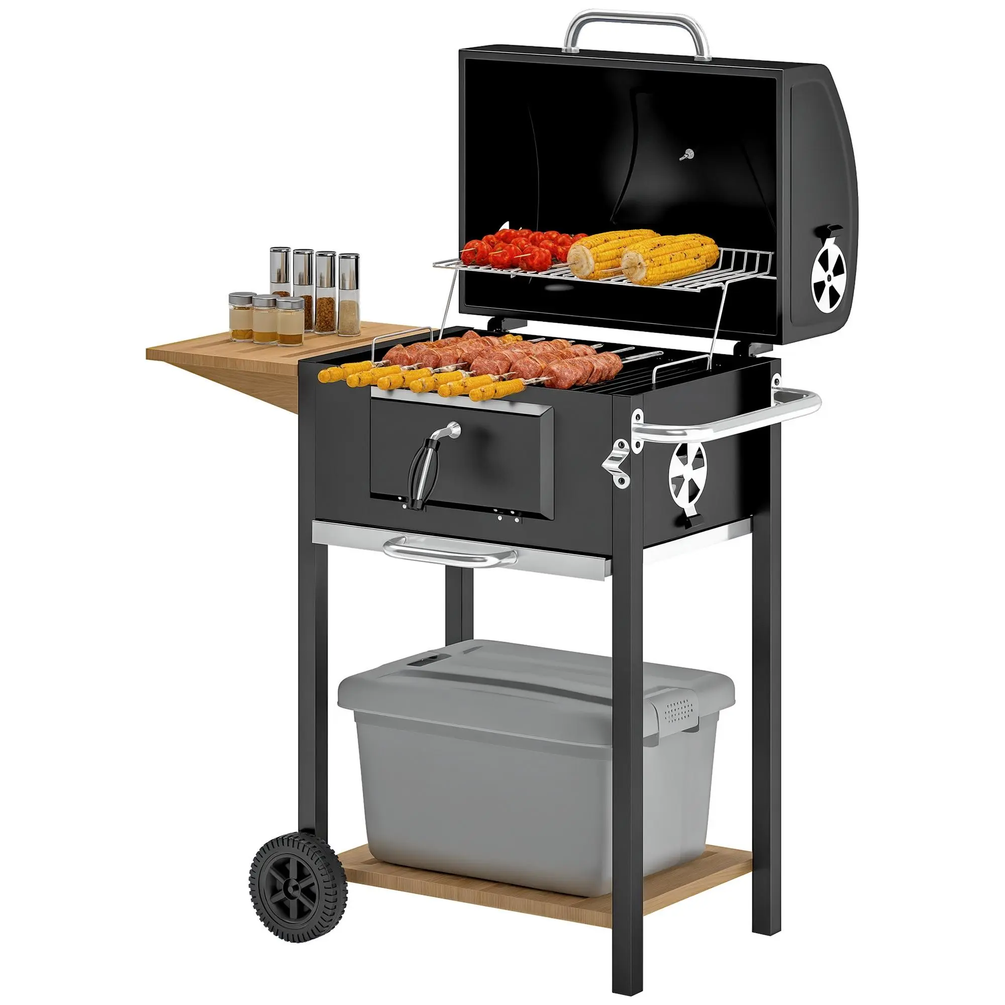 Outsunny Black Charcoal BBQ Grill - Outdoor Portable Barbecue Cooker with Side Table, Bottom Storage Rack, Easy-Move Wheels, Handle, for Camping, Backyard Picnic