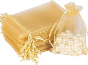 00pcs Gold Organza Gift Bags, 4 x 6 inch Candy Mesh Drawstring Favor Bags Jewelry Pouches for Christmas Wedding Party