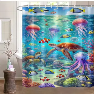 Ocean Turtle Shower Curtain Set, Watercolor Floral Print Design, Includes 12 Hooks, Durable Polyester, Non-Slip Bath Mat, Home Decor