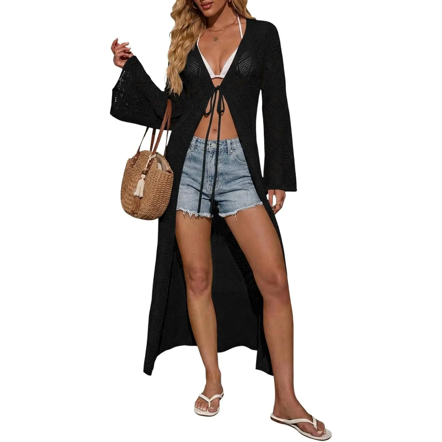 Saodimallsu Beach Cover Up for Women, Crochet Knit Long Bell Sleeve Cardigan, Lightweight Casual Tie-Front Cotton Acrylic, Beach Swimsuit Coverup, Swimsuit Cover Up, Beach Cover Ups