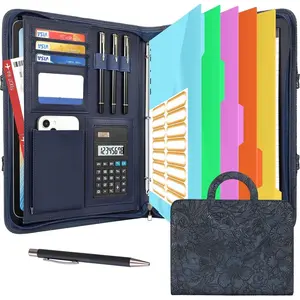 Portfolio Binder 3 Ring Includes Pen and 5 Dividers with 10 Pockets, Padfolio Organizer with  Handle for Men and Women, Includes A4 Notepad for Business, School, Work