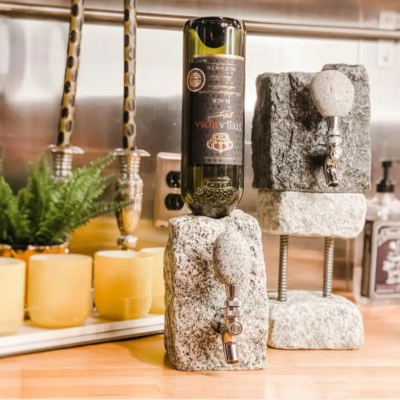Bottle Drink Dispenser Handcrafted by Funky Rocks  Natural Stone Base Easy Pour Spigot Stainless Steel & Stone Handle for Parties Weddings Home Entertaining