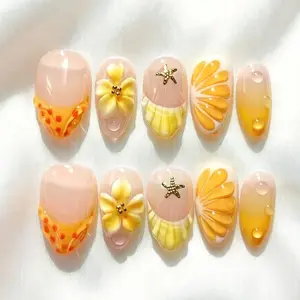 10pcs Press on Nails, Handmade Press ons, Orange Citrus, 3D Floral Syrup French Tip Yellow Fruit False Nails, Spring Nails Summer Nails Acrylic False Nail Reusable Easy to Wear for Parties, Daily & Dancing, Nail Kit, Nail Art Tool
