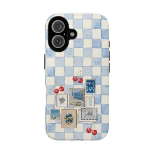Retro Blue Picture Gingham Phone Case| Retro Wavy Lines, Modern Floral Phone Cover For Iphone 13, 14pro, 16promax