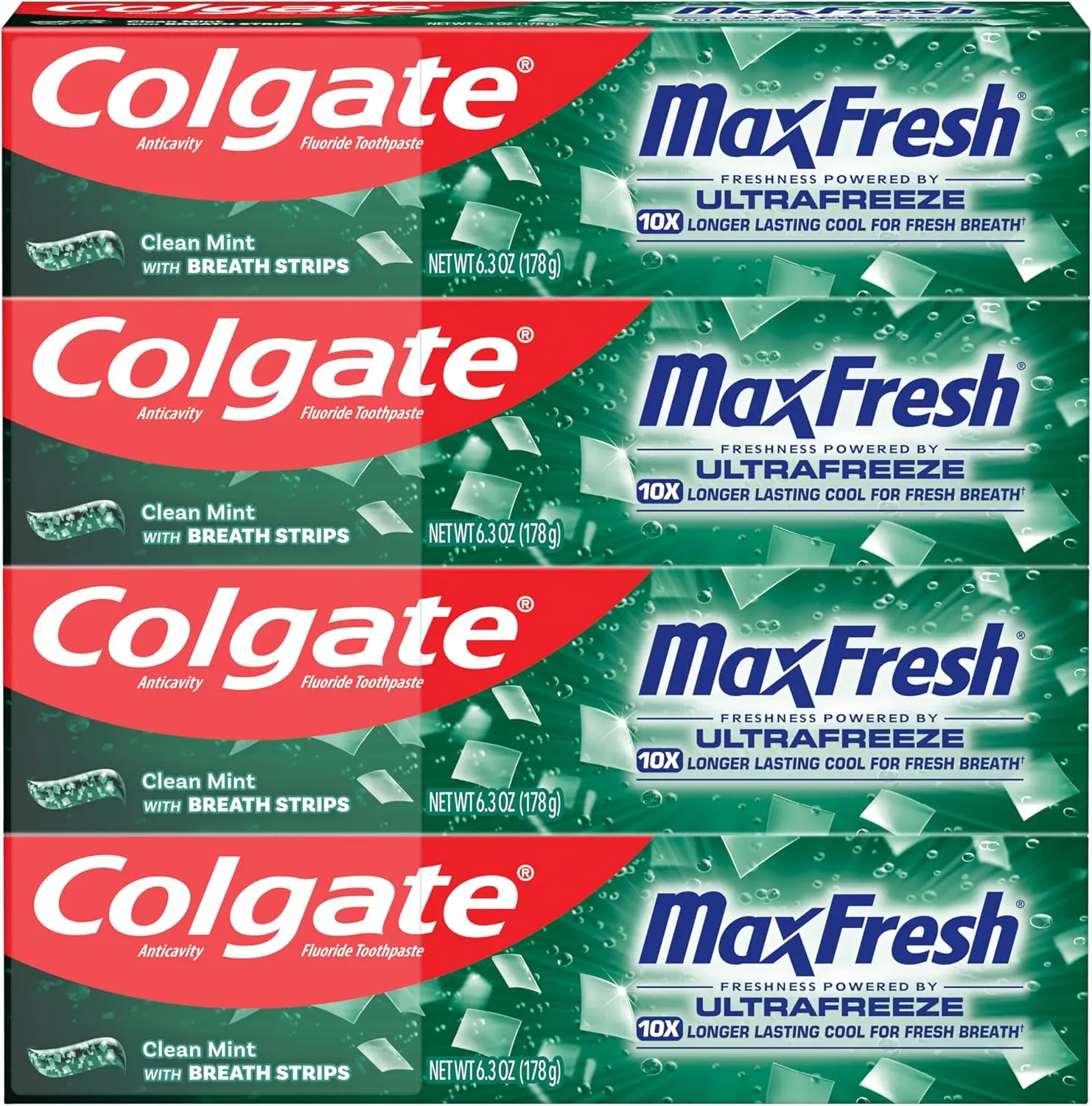 Colgate Fresh Breath Anticavity Fluoride Toothpaste with Mini Breath Strips, Clean Mint Gel Enamel Protection, 4 Tubes x 6.3 Oz Bulk Set
