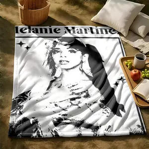 1 piece Melanie Martinez vintage black and white artistic portrait themed flannel blanket - Oversized comfortable flannel sofa blanket, suitable for beds and sofas, modern geometric pattern design, all-season use, digital printing, 100% polyester
