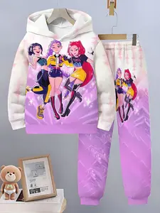 Girls' Fall Winter Two-Piece Set, Casual Long Pants & Cartoon Print Hoodie, Fashionable 3D Printed Sweatshirt, Outdoor Sportswear, Clothes Kids, Fine Girls Outfit, Clothing Sets