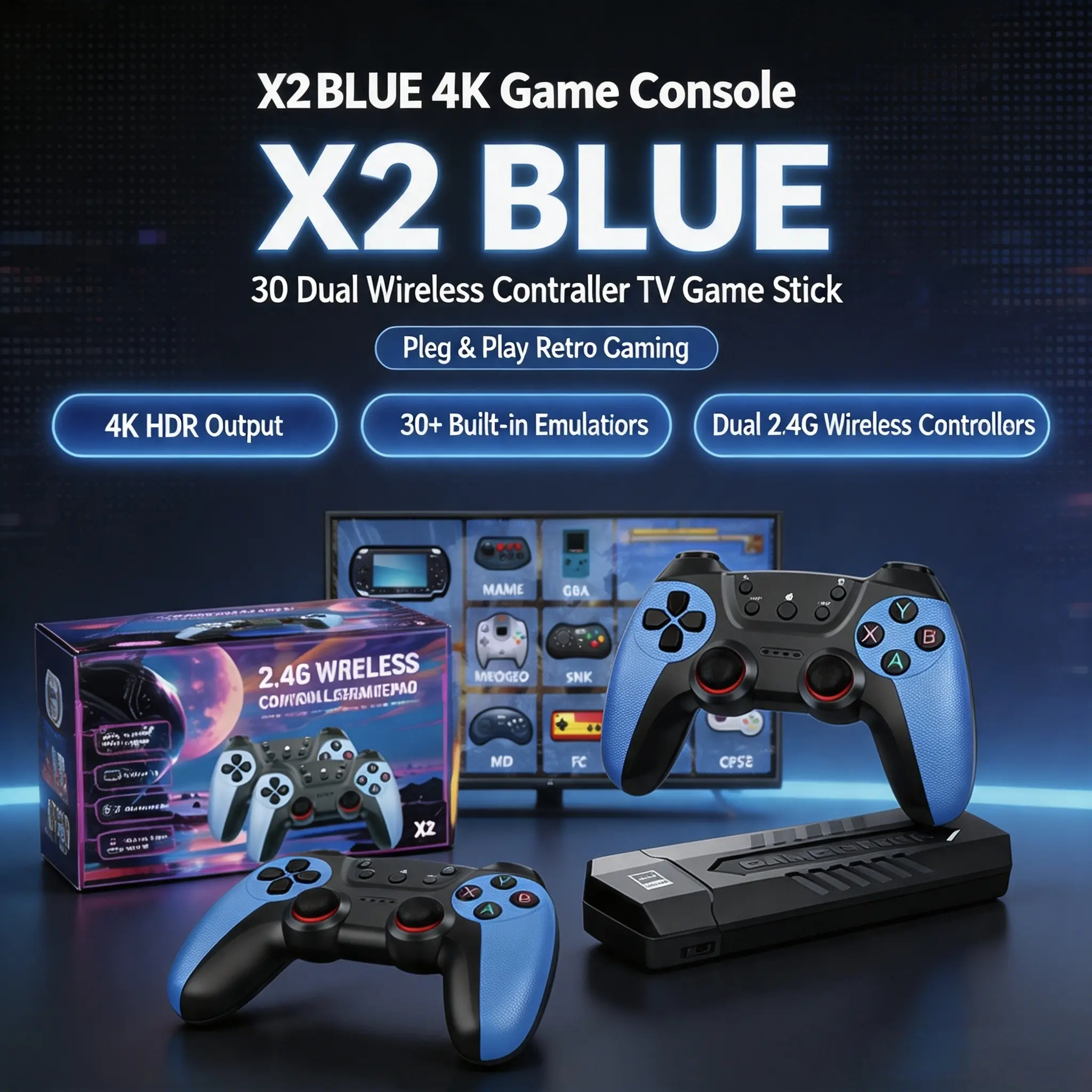 X2 Blue 4K Game Stick Console with 2 Wireless Controllers, 30+ Retro Game Emulators, HDMI Output, Plug & Play TV Gaming System