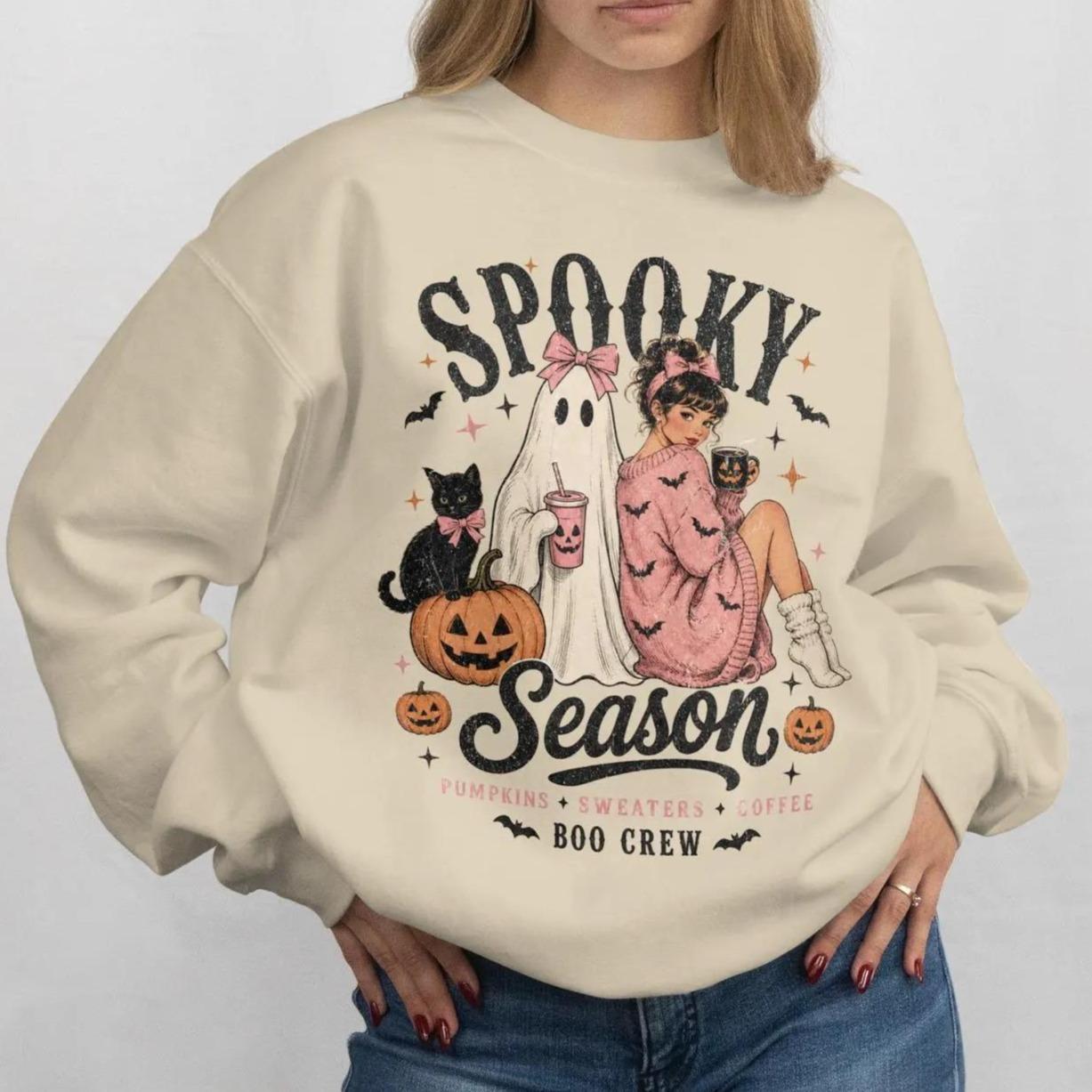Spooky Season Ghost Girl Pumpkin Sweatshirt, Cute Halloween Ghost Graphic Sweatshirt, Spooky Aesthetic Fall Season Apparel, Cozy Autumn Pumpkin Patch Sweater, Trendy Spooky Season Outfit, Cute Spooky Halloween Gift for Women & Men