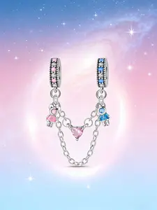 Couple Boy & Girl Safety Chain Charm, Heart Gem & Enamel Detail, Romantic Love Jewelry for Pandora Bracelet, Perfect Gift for Couples