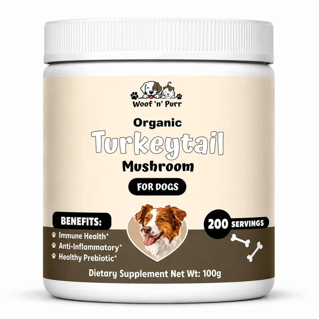 Organic Turkey Tail Mushroom Powder for Dogs | 200 Servings | 500mg Per Serving | Woof n Purr