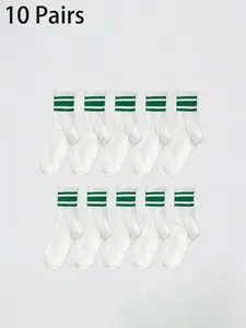 10 Pairs Women's Striped Mid-Calf Socks, Soft Comfortable Breathable Sweat-Absorbing Retro Campus Style, Suitable for Daily Commute Sports All Seasons