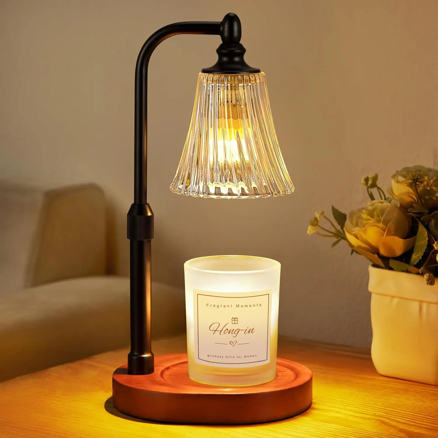 Black Walnut Candle Warmer Lamp with Timer Dimmable,Birthday Gifts for Women,Adjustable Height Wax Melt Warmer for Jar Candles,House Warming Gifts  ,Ideal for Office,Dorm,Bedroom  Decor