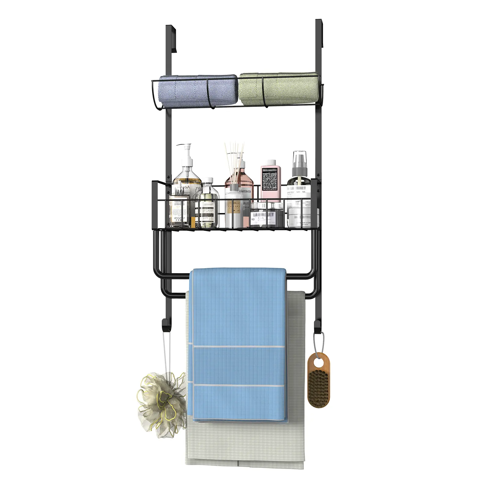 Over The Door Towel Rack, 4-Tier Towel Racks for Bathroom, Towel Bar Rack, Towel Holder with Storage Basket Organizer for Bedroom Kitchen Back of Door Storage Shelves