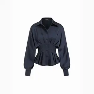 Cider Satin Collar Ruffled Cinched Waist Lantern Sleeve Shirt