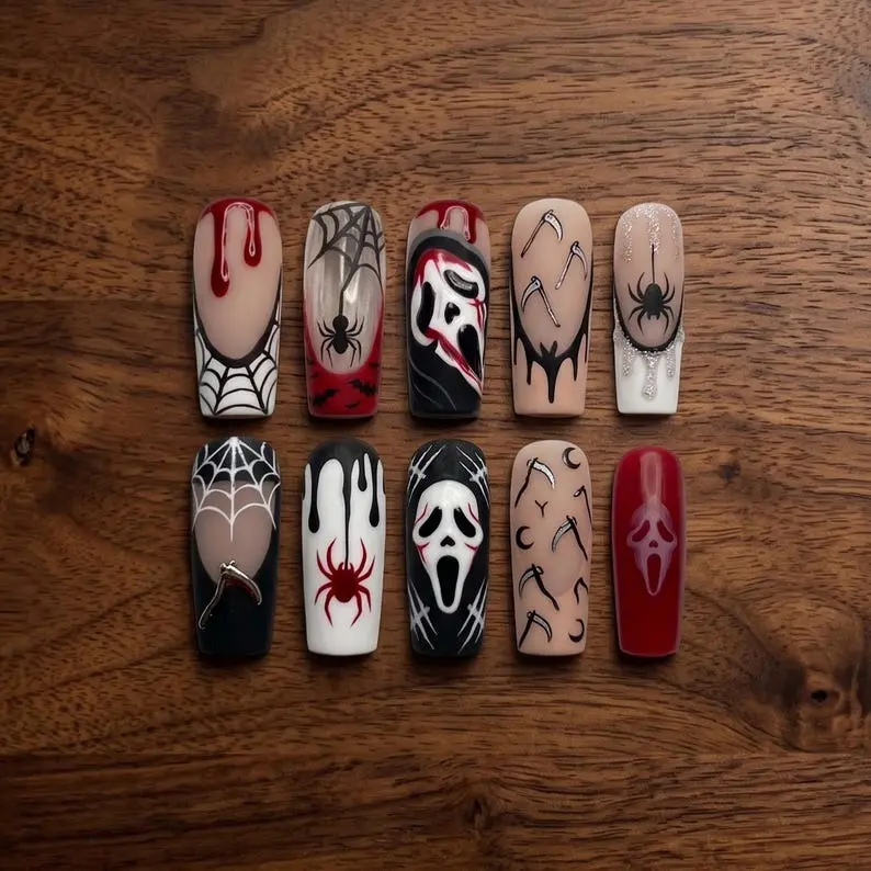 Ghost Face Halloween Press-On Nails | 3D Blood Drip Slasher Goth Nail Art