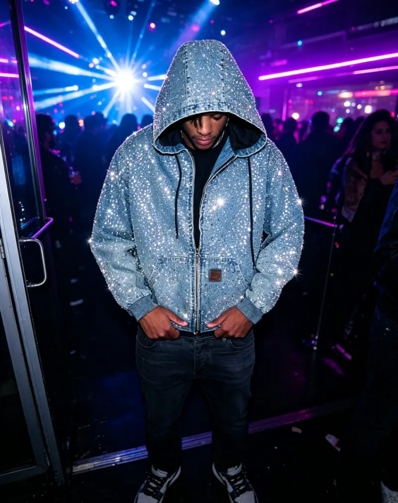 Rhinestone Zip Up Hooded Denim Jacket, Mens Sparkly Washed Jean Hoodie Coat, Y2K Streetwear Bling Outerwear for Concert Festival Nightclub Casual Daily Outfits style long sleeve