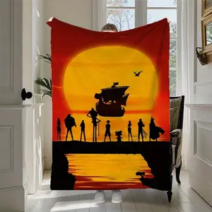 A flannel blanket with anime pirate group print, soft and suitable for all seasons, suitable for sofas, bedrooms, offices or camping trips