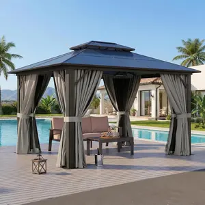 【2 Packages Shipping】AOXUN 10'x12' Hard Top Gazebo Outdoor Permanent Gazebo with Double Wall Polycarbonate Roof Canopy, Aluminum Frame Permanent Gazebo with Curtains and Mosquito Netting for Patio, Garden, Lawn,Brown&Gray