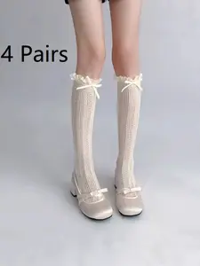 Women's Ruffle Knee-High Socks, 4 Pairs & Colors, Cute Bow Design, Perfect for All Seasons, Soft Comfortable Fit