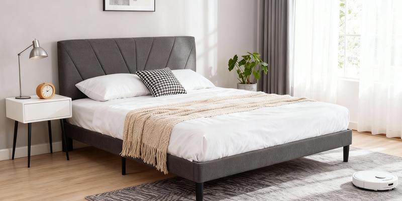 Bed Frame with Adjustable Headboard, Heavy Duty Platform & Reinforced Slats - No Box Spring, Grey Bed Frame with Adjustable Headboard, Heavy Duty Platform & Reinforced Slats - No Box Spring, Grey