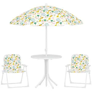 Picnic Table & Chairs Set – White. For Ages 2-5. 2 Foldable Chairs + Table + Removable Umbrella (33.9"-48", Elephant & Giraffe). Anti-Tip Feet. 77 lbs Chair Cap
