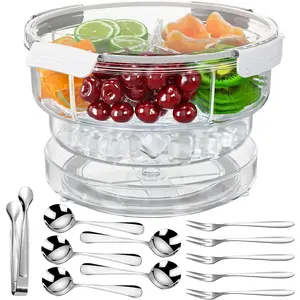 Condiment Tray【with 360° rotating turntable】 with Stainless Steel 5 Spoons, 5 Forks and 1 Clip, Condiment Server, Bar Garnish Holder on ice, Compartment Tray with Lid