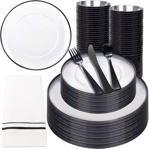 350PCS and Black - Disposable Dinnerware Set for 50 Guests Include 100 Dinner/Dessert,150 Black Cutlery,50 Cups&50 for Party/Birthday/New Year