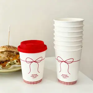 400ml Bow Print Double Wall Paper Cup Christmas New Year Holiday Disposable Hot Drink Coffee Cup Insulated To-Go Cups for Party Gift