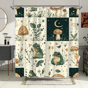 Whimsical Nature Shower Curtain with Cartoon Frog, Mushroom & Night Sky Design - Polyester Fabric, Green Leaves & Cream Background, Includes 12 Hooks, 70x70 Inches, Vintage Bathroom Decor, Funny Shower Curtain