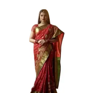 Modest Dress saree  Red Silk Saree with Traditional Gold Embroidery Design for Women's Fashion