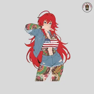 Anime Patriot Tattoo Girl Sticker, Rias Gremory Waifu with USA Top & Dragon Sleeves, Vinyl Decal