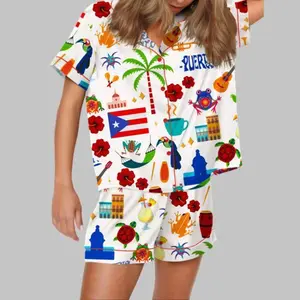Puerto Rico Vacation Satin Pajama Set - 100% Polyester Short-Sleeve with Chest Pocket & Elastic Waistband for Adults