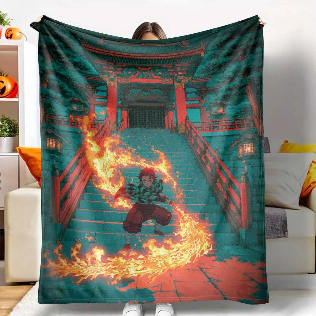 Anime Fire Swordsman Flannel Blanket Japanese Shrine Flame Warrior Print Soft Warm Lightweight Cozy Decorative Throw for Sofa Bed Dorm Travel Halloween Birthday Gift