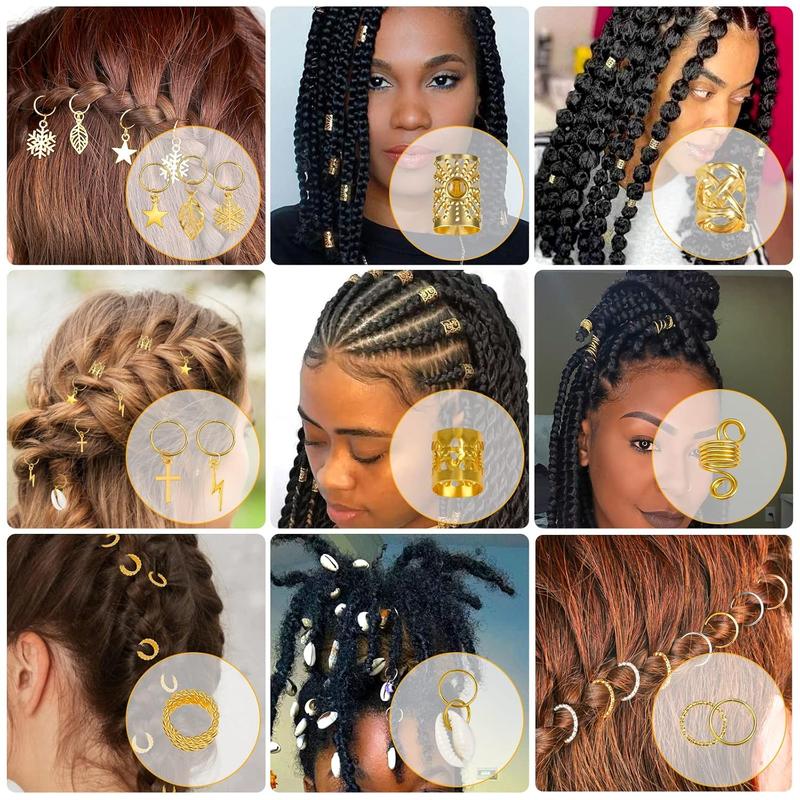 259 Pcs Hair Jewelry for Braids, Loc Jewelry for Hair Dreadlock, Charm Accessories for Women, Metal Gold Braids Rings Cuffs Clips for Dreadlock Accessories Clips Rings Extensions Decorations