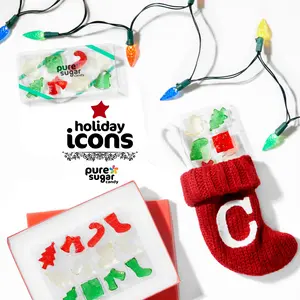 Holiday Hard Candy Icons - A tree, stocking, gift box, Christmas bell, Santa hat, Snowman, candy cane