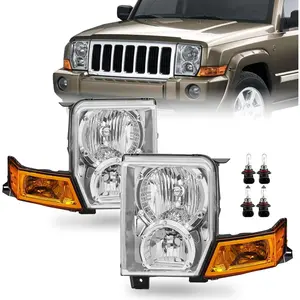 Headlights Assembly for 2006 2007 2008 2009 2010 Jeep Commander, Factory OE Replacement Halogen Headlamps with Bulbs, Chrome Housing Amber Reflector, Driver and Passenger Side