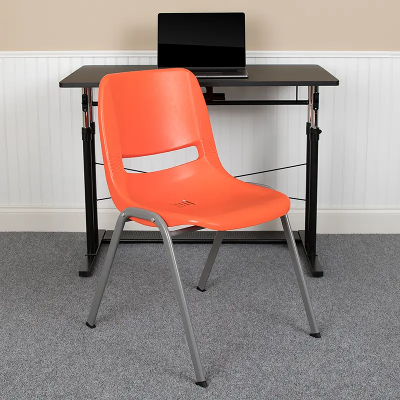 Flash Furniture Hercules Series Orange & Gray Ergonomic Plastic Shell Stack Chair - 23.5 in., 880 lbs Capacity, Curved Back, Stackable Frame, Armless, Commercial/School Furniture